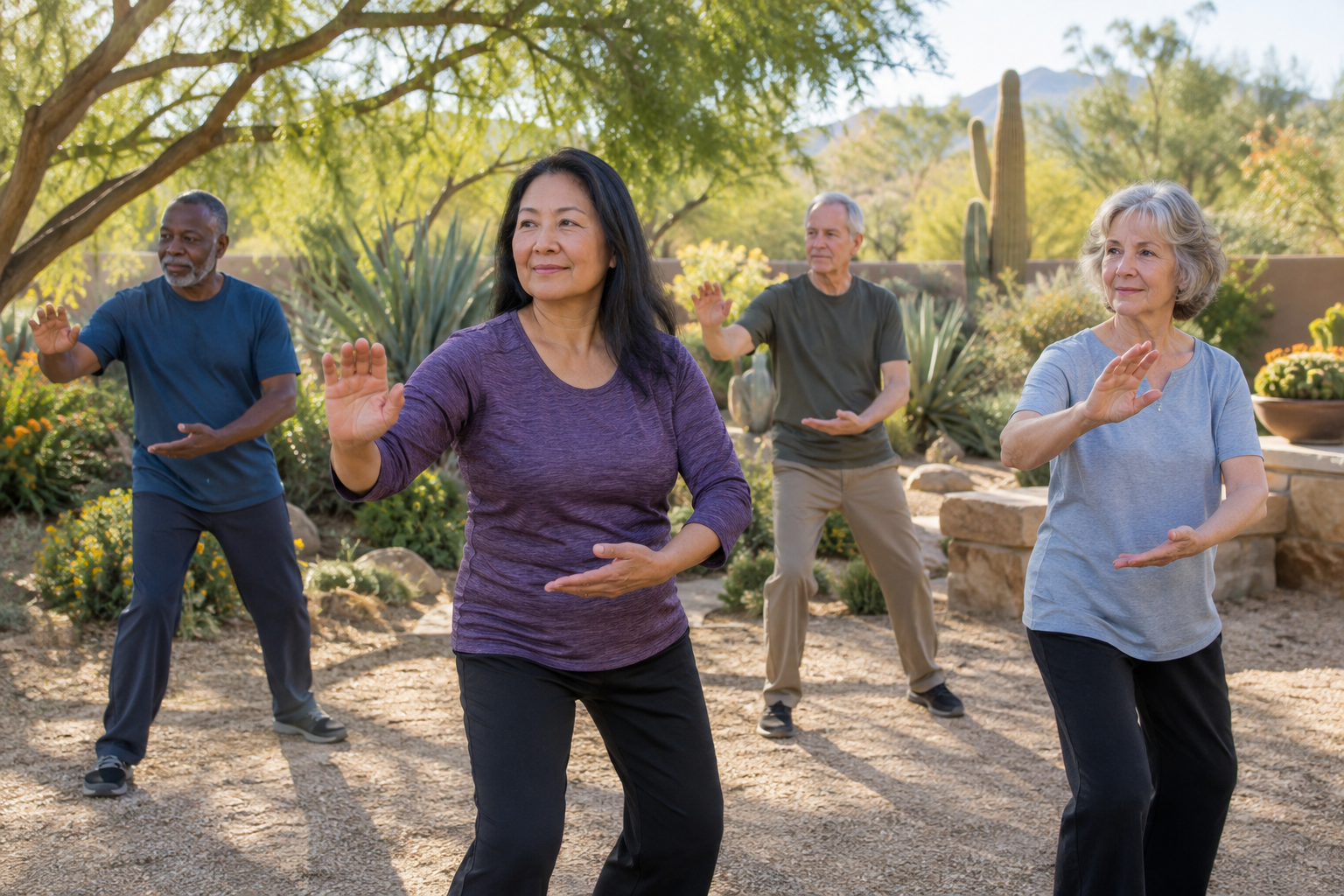 Adults practicing gentle movement outdoors