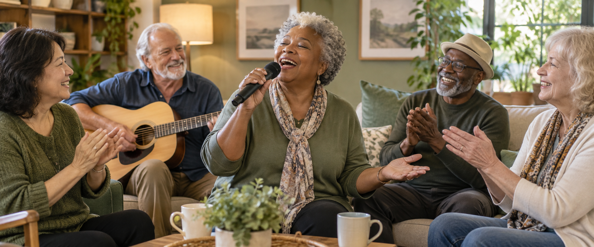 Illustrative scene of older adults enjoying music and singing together