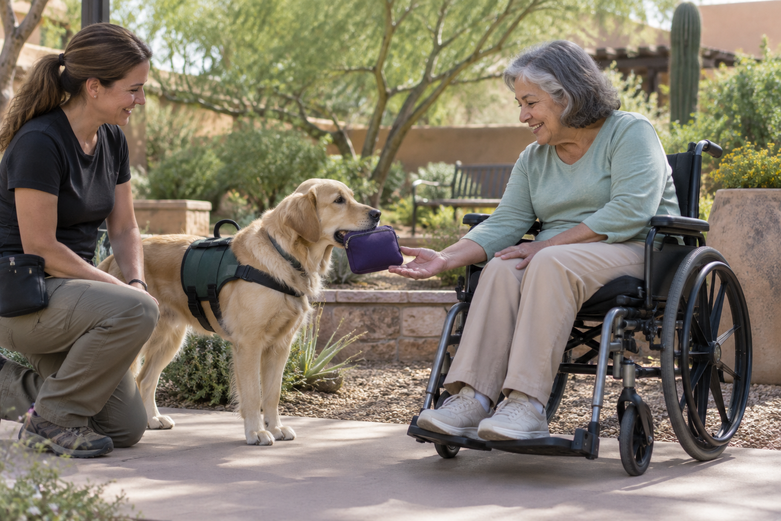 Illustrative service dog training scene: a dog retrieves a pouch for its handler with a trainer nearby